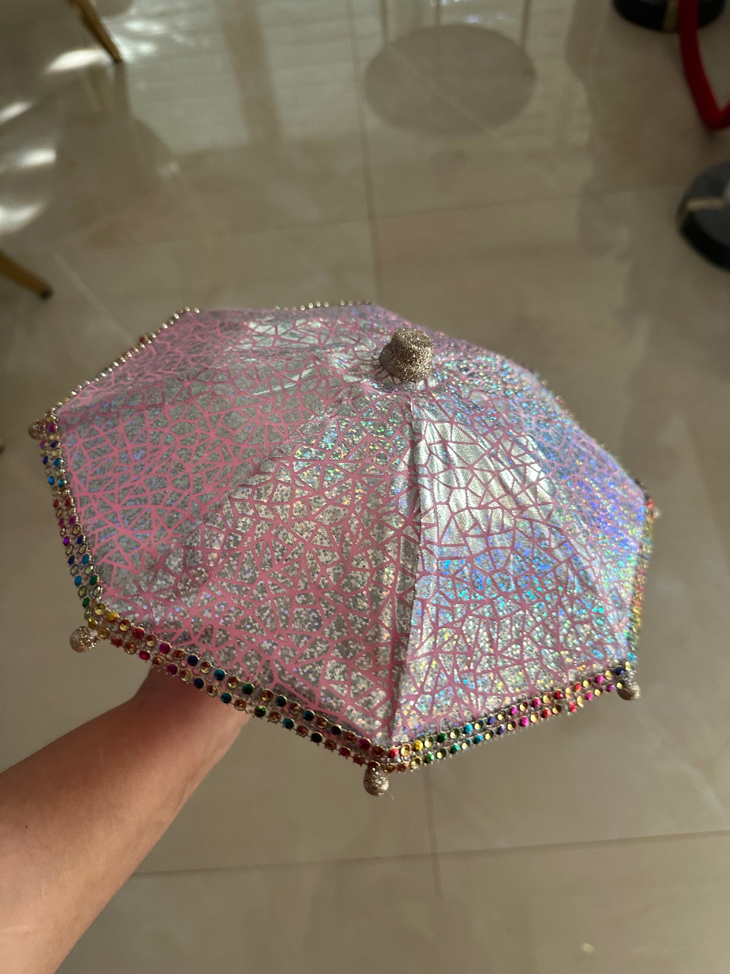 Goldline- Deko Schirm rosa mit Glitzer, Baumschmuck, 26 x 23 cm