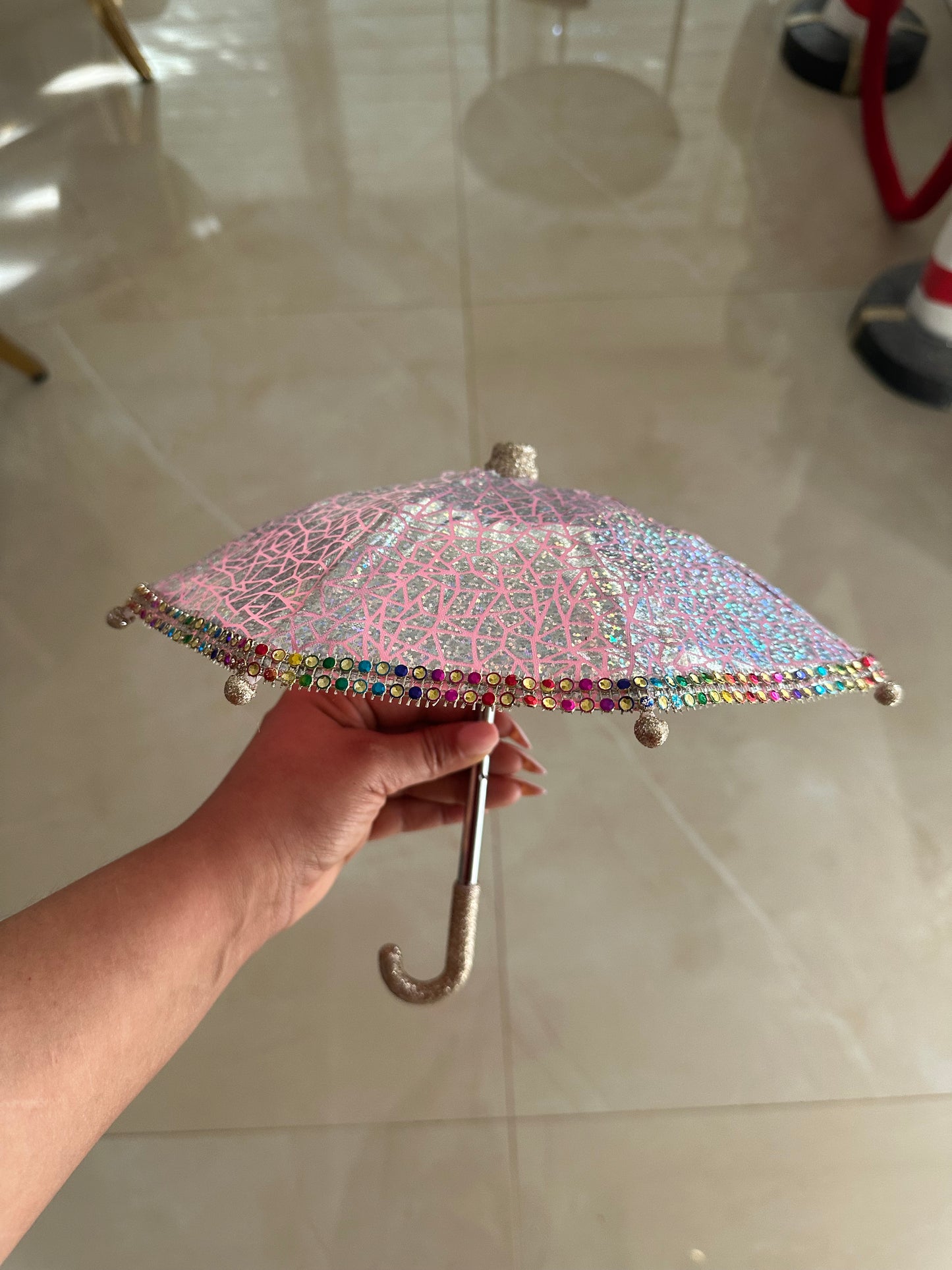 Goldline- Deko Schirm rosa mit Glitzer, Baumschmuck, 26 x 23 cm