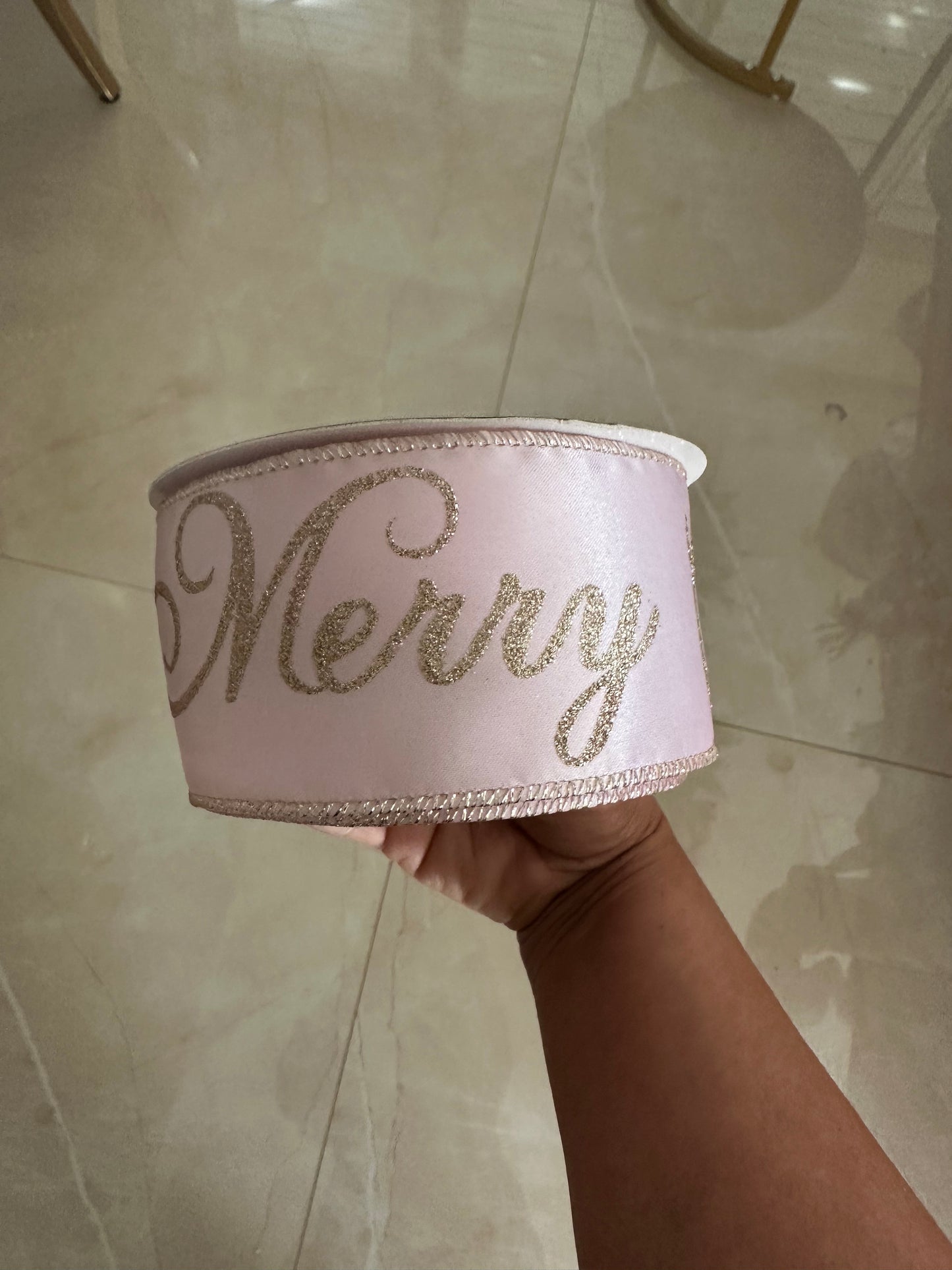 Goldline- Deko Stoffband in Rosa-Gold und "Merry Christmas" Schriftzug, 10 m