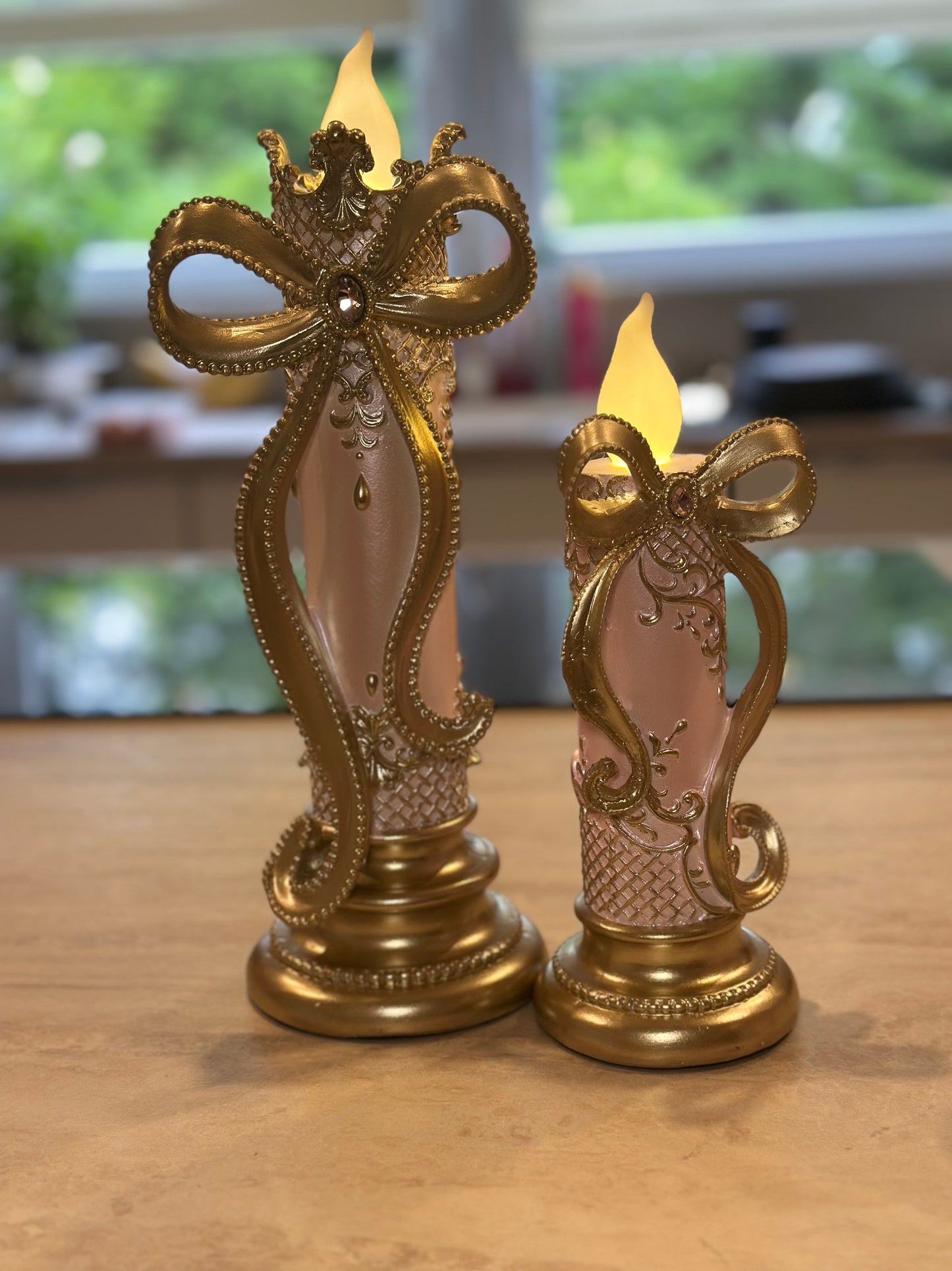 Goldline- Led Kerzen in elegantem Stil rosa-gold mit Schleife