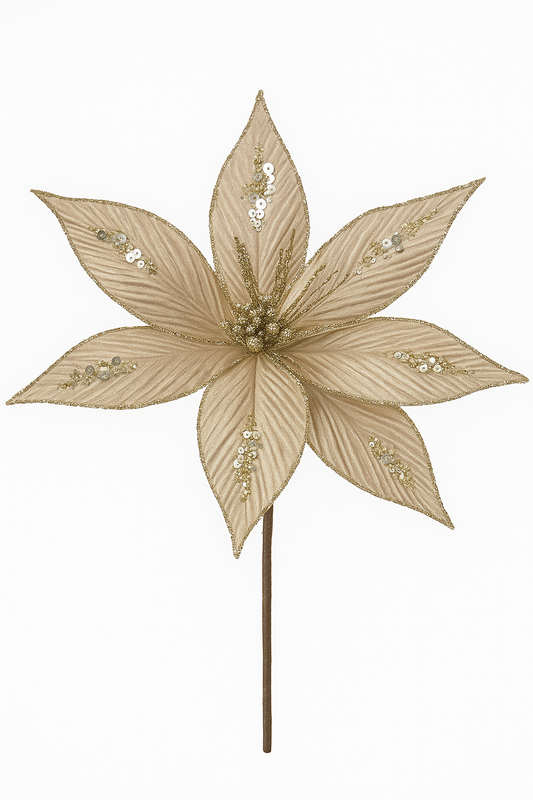 Goldline- Weihnachtsstern Blume beige-gold mit Glitzer und Stäbe 40cm